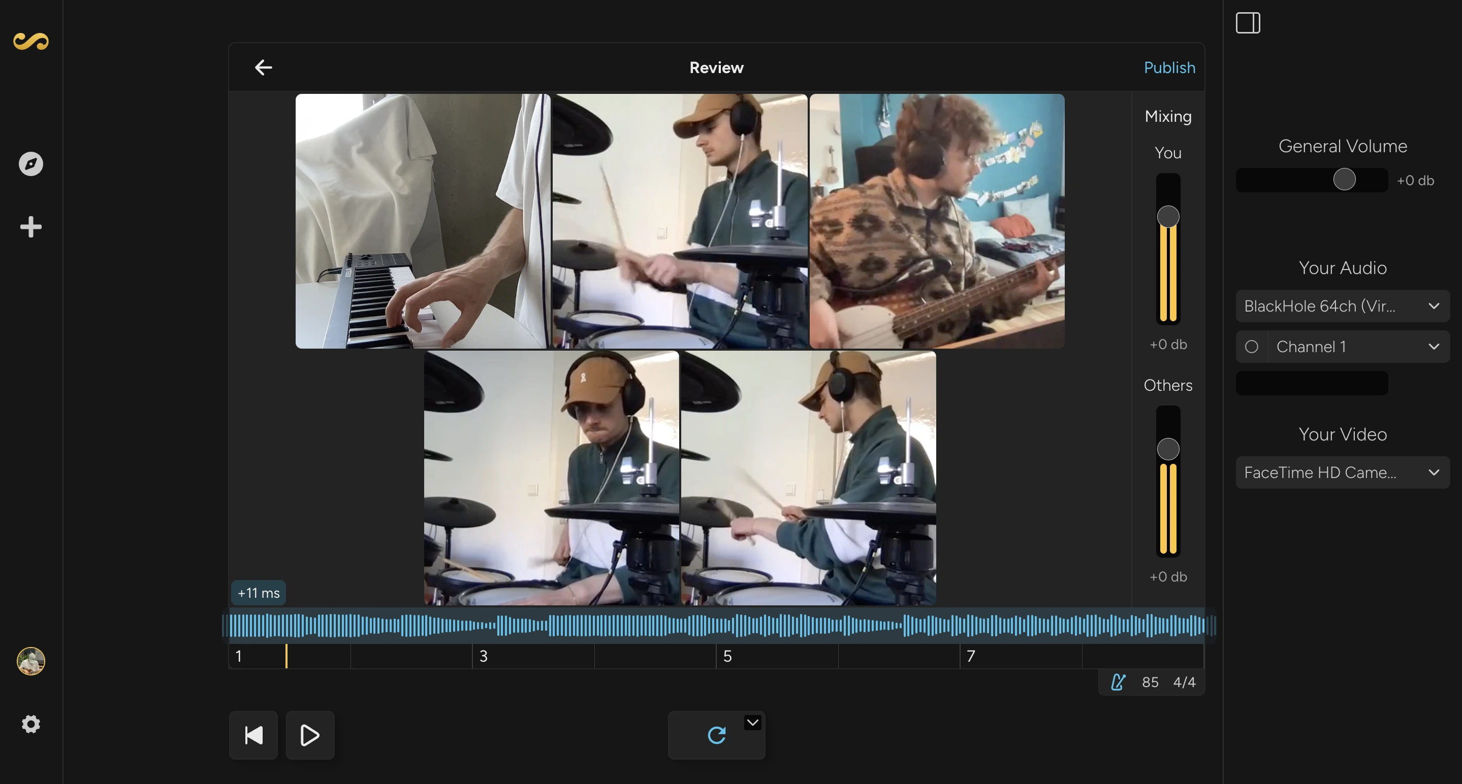 Sounts review interface showing latency correction and volume mixing controls
