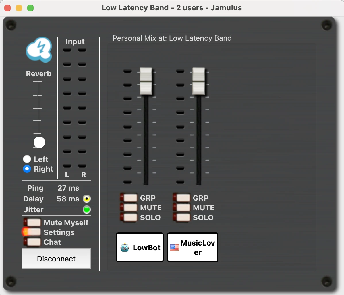 Jamulus low-latency audio streaming interface showing server connection and audio settings