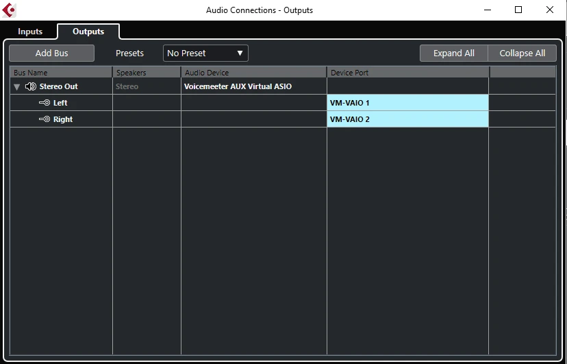 Cubase audio output settings for VoiceMeeter AUX Virtual ASIO on Windows