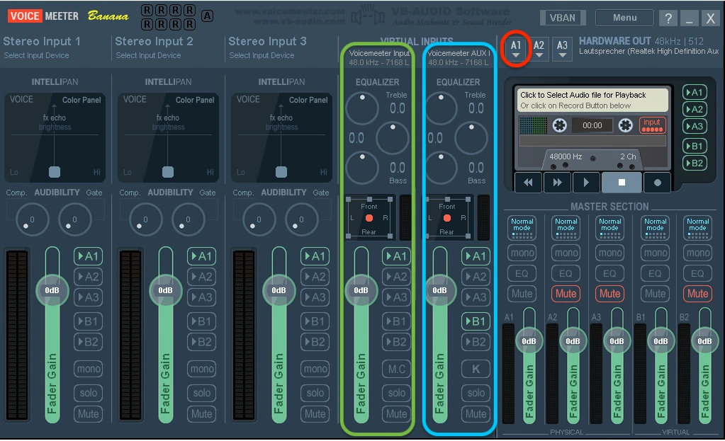 VoiceMeeter Banana app routing setup for DAW to Sounts on Windows