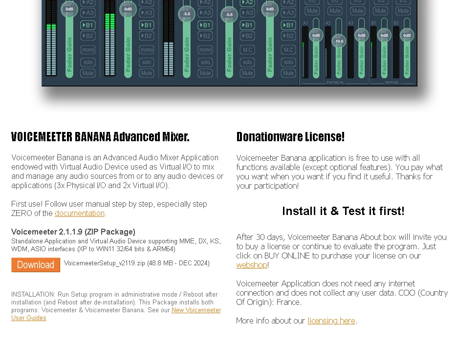 VoiceMeeter Banana download website screenshot for Windows audio routing