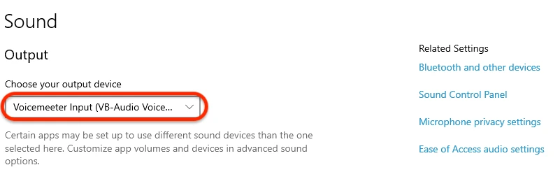 Windows sound output device settings for VoiceMeeter Banana