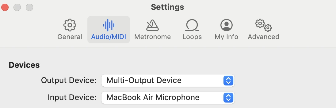 GarageBand MIDI and audio settings