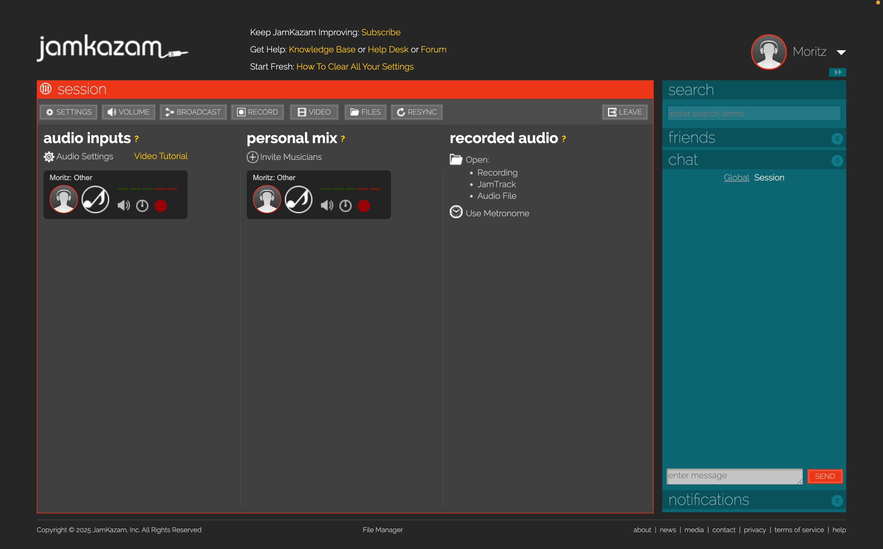 JamKazam platform interface displaying live music session with multiple participants