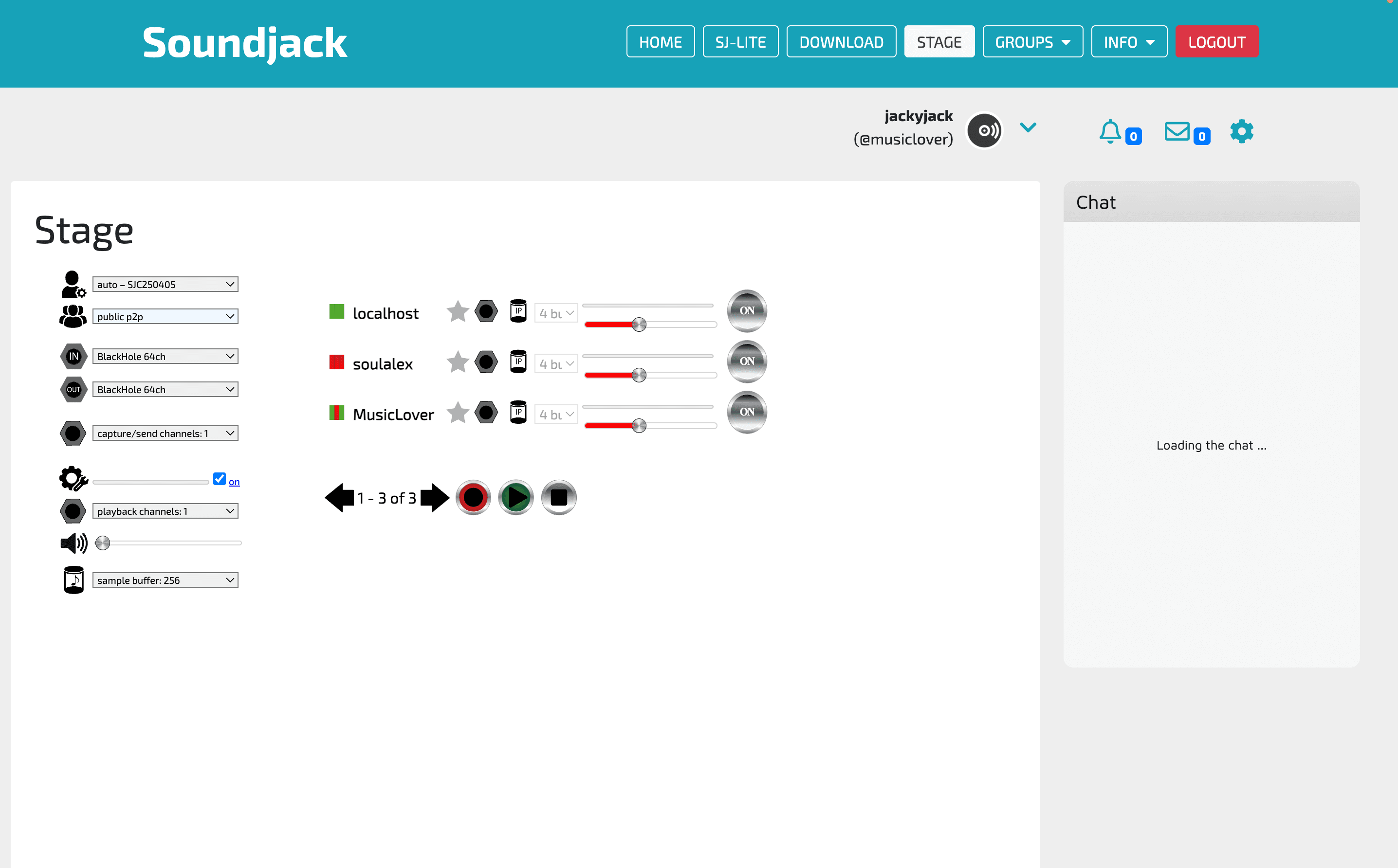 SoundJack browser-based interface showing low-latency audio collaboration settings