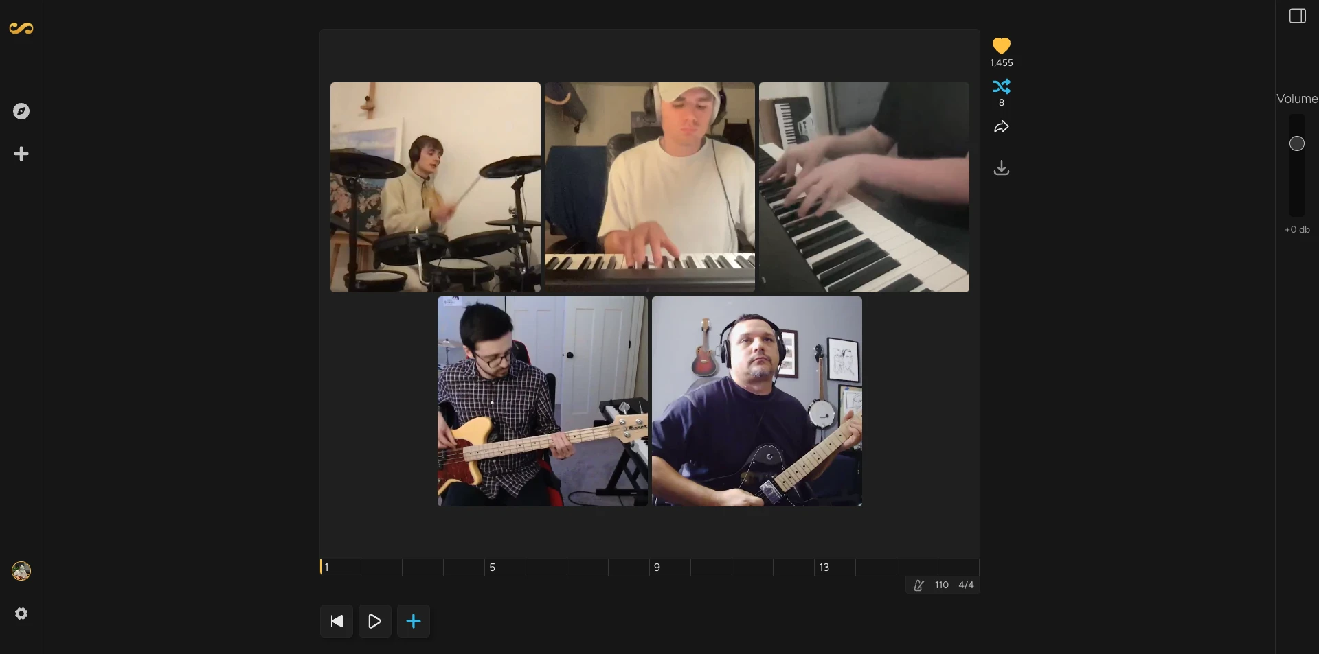 Sounts online music collaboration platform interface showing the loop-based jamming environment